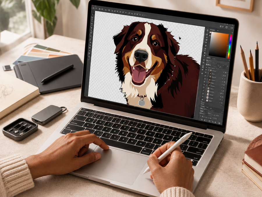 Artist creating a custom digital pet illustration